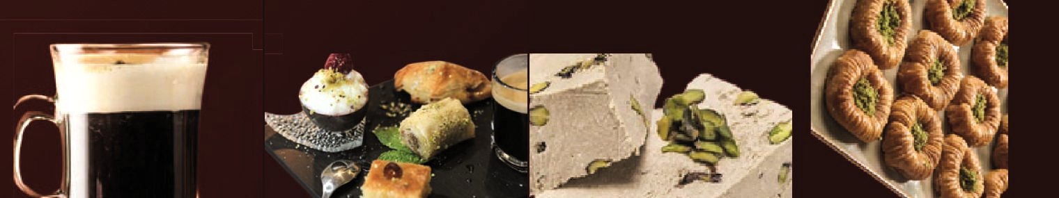 Irish coffee, pastry assortment, pistachio nougat and a tray of baklava